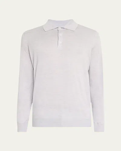 Brunello Cucinelli Men's Cashmere, Silk, And Linen Polo Sweater In Dusty Light Blue