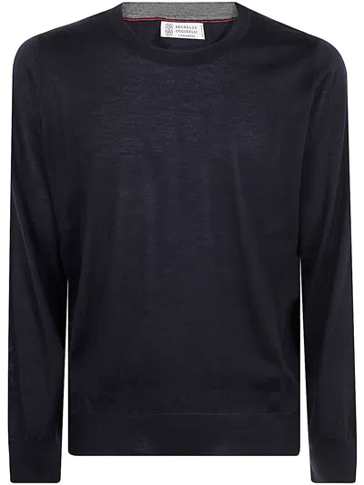 Brunello Cucinelli Men Cashmere Silk Crew Neck Sweater In Blue