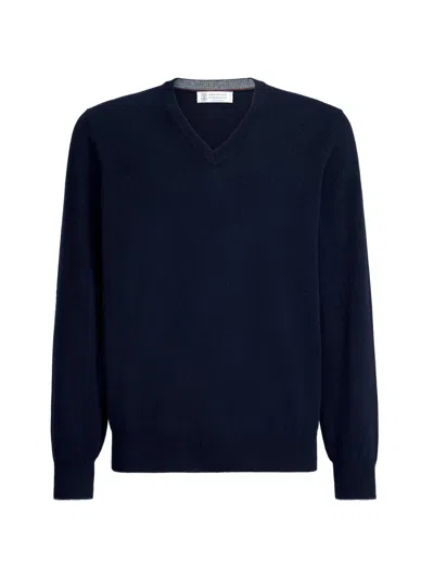 Brunello Cucinelli Cashmere V-neck Sweater In Blue