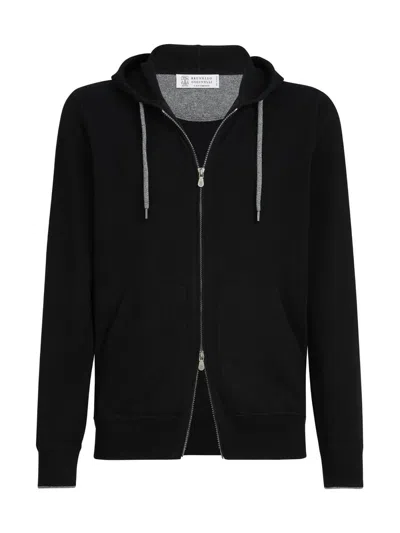 Brunello Cucinelli Men's Cashmere Sweatshirt Style Cardigan With Hood In Black
