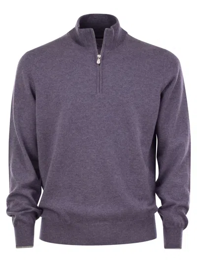 Brunello Cucinelli Men Cashmere Turtleneck Sweater With Zip In Purple
