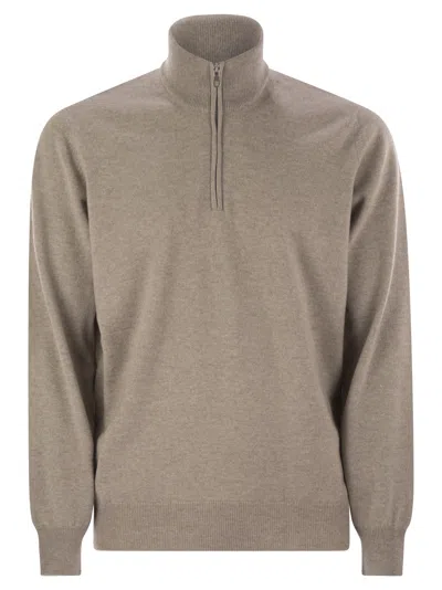 Brunello Cucinelli Men Cashmere Turtleneck Sweater With Zipper In Neutral
