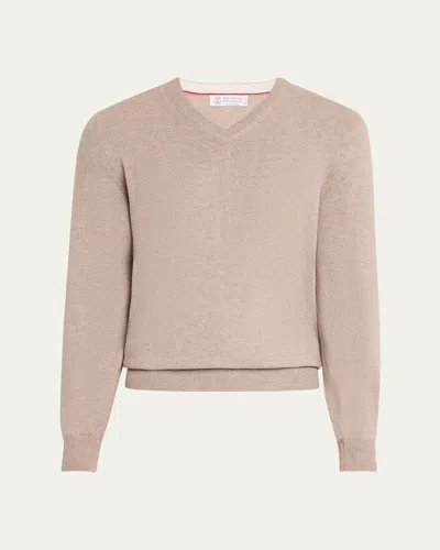 Brunello Cucinelli Men's Cashmere V-neck Sweater In Brown