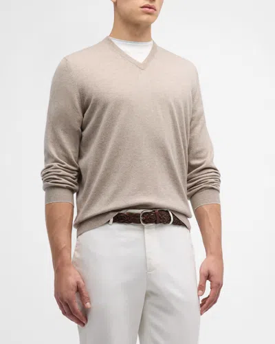 Brunello Cucinelli Men's Cashmere V-neck Sweater In Medium Brown