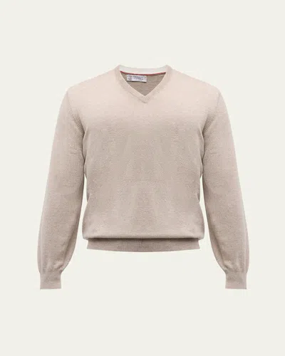 Brunello Cucinelli Men's Cashmere V-neck Sweater In Medium Brown