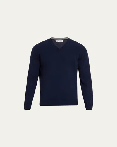 Brunello Cucinelli Men's Cashmere V-neck Sweater In Navy Blue