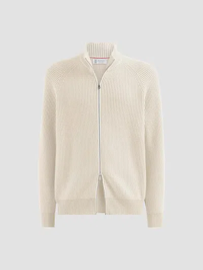Brunello Cucinelli Men's Cashmere Vanisé English Rib High-neck Cardigan With Zipper In Neutral