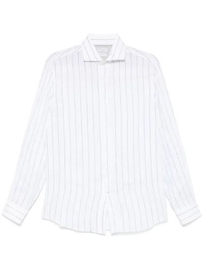Brunello Cucinelli Men Chalk Stripe Linen Easy Fit Shirt With Spread Collar In Multicolor