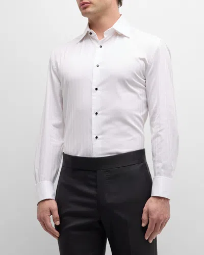 Brunello Cucinelli Men's Chevron Cotton Dress Shirt With Studs In White