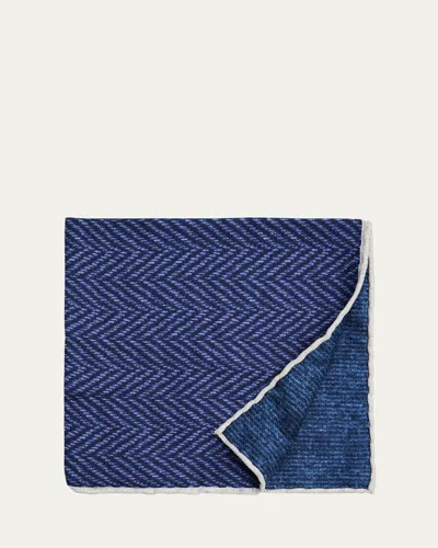 Brunello Cucinelli Men's Chevron-print Silk Pocket Square In Blue