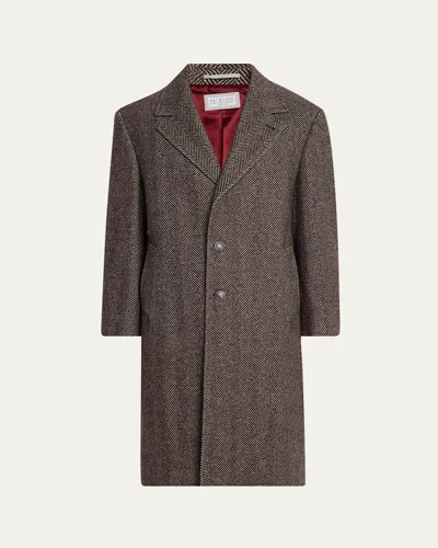 Brunello Cucinelli Men's Chevron Raglan-sleeve Overcoat In Gray