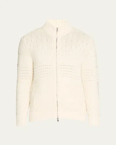 Brunello Cucinelli Men's Chine Multi-cable Full-zip Sweater In English White