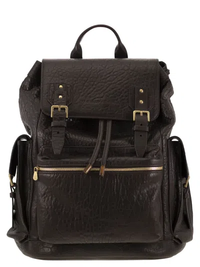 Brunello Cucinelli Men City Backpack In Leather With Texture Grain In Multi