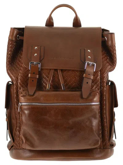 Brunello Cucinelli Men City Backpack In Woven Calfskin And Cowhide Leather In Brown