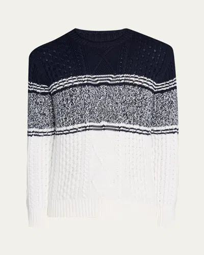 Brunello Cucinelli Men's Color Block Cable-knit Crewneck Sweater In Cmn23 Panama White