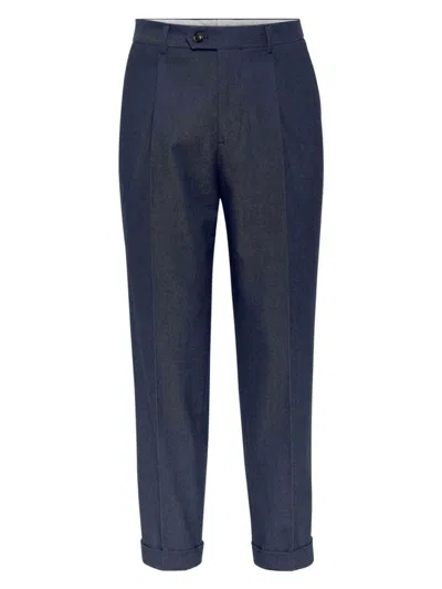 Brunello Cucinelli Men's Comfort Cotton And Cashmere Trousers With Pleat In Denim