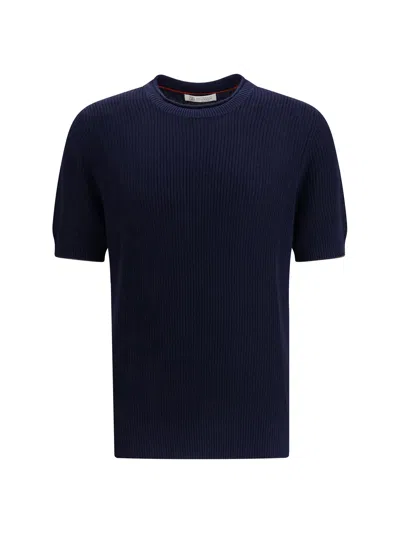 Brunello Cucinelli Men Cotton And Linen Knit T-shirt In Blue