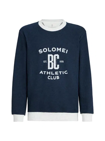Brunello Cucinelli Men Cobalt Cotton And Linen Printed Sweatshirt In Blue