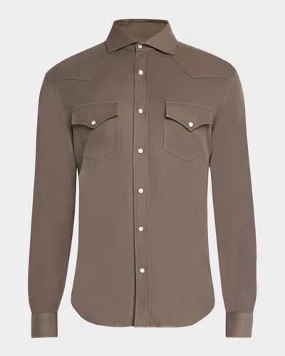 Brunello Cucinelli Men's Cotton And Silk Western Shirt In Coffee