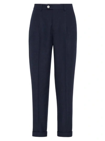 Brunello Cucinelli Men's Cotton And Virgin Wool Diagonal Leisure Fit Trousers In Navy Blue