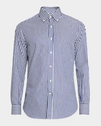 Brunello Cucinelli Men's Cotton Bengal Stripe Sport Shirt In Blue