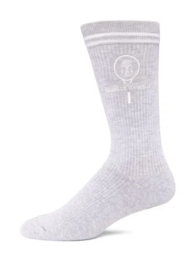 Brunello Cucinelli Men's Cotton-blend Rib-knit Logo Crew Socks In Gray