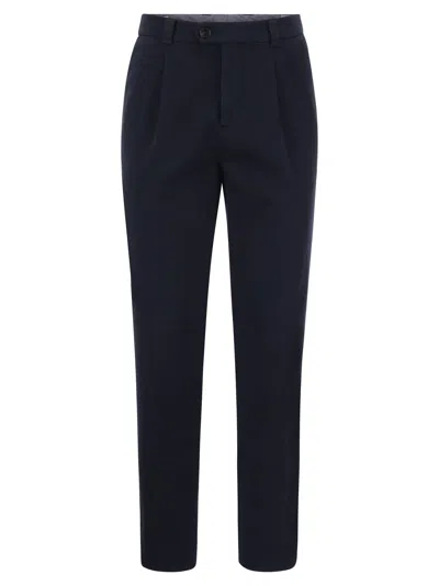 Brunello Cucinelli Men Cotton-blend Trousers With Darts In Blue