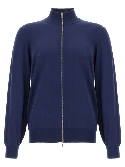 Brunello Cucinelli Light Cotton Cardigan With High Neck In Blue