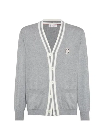 Brunello Cucinelli Men Cotton Cardigan With Logo In Gray
