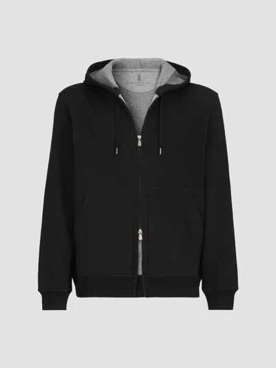 Brunello Cucinelli Men's Cotton, Cashmere And Silk French Terry Double Cloth Hooded Sweatshirt In Black