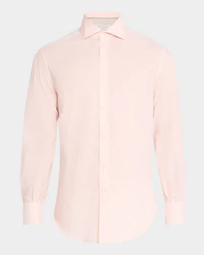 Brunello Cucinelli Men's Cotton Chambray Stripe Sport Shirt In C073 Salmon And W