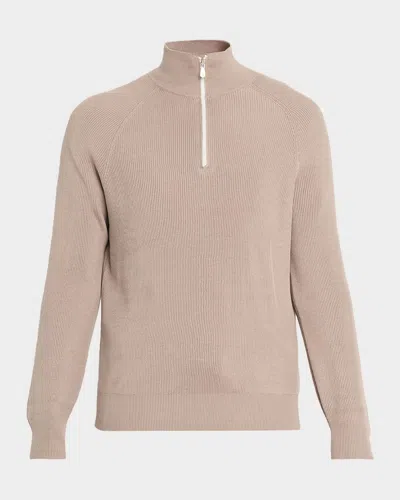 Brunello Cucinelli Men's Cotton English Rib Half-zip Sweater In Neutral