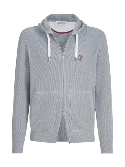 Brunello Cucinelli Men's Cotton English Rib Knit Hooded Sweatshirt With Logo And Zipper In Gray