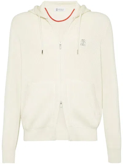 Brunello Cucinelli Men Cotton English Rib Knit Hooded Sweatshirt With Logo And Zipper In Multicolor