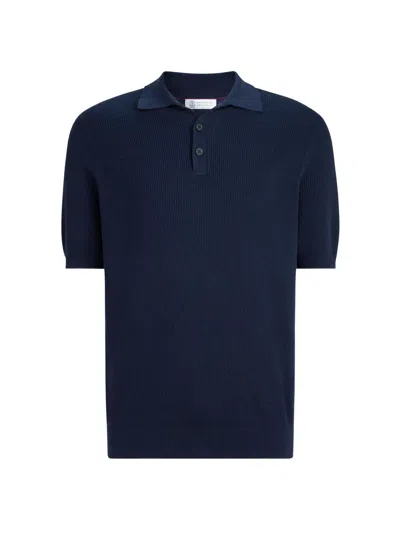 Brunello Cucinelli Men's Cotton English Rib Knit Polo Shirt In Blue
