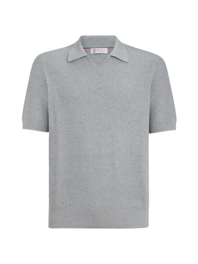 Brunello Cucinelli Men's Cotton English Rib Knit Polo Shirt In Gray