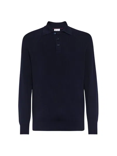 Brunello Cucinelli Men's Cotton English Rib Knit Polo With Long Raglan Sleeves In Black