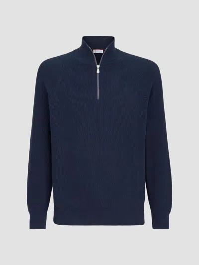 Brunello Cucinelli Contrast-tipped Cashmere Half-zip Sweater In Blue