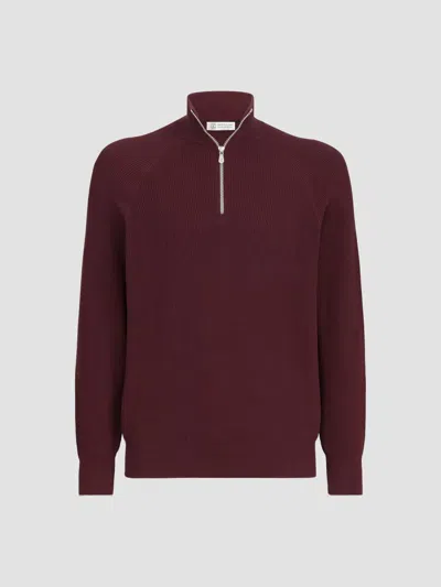 Brunello Cucinelli Cotton English Rib Sweater With Half Zip And Raglan Sleeves In Burgundy