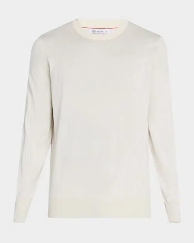 Brunello Cucinelli Men's Cotton Fine Gauge Crewneck Sweater In Neutral