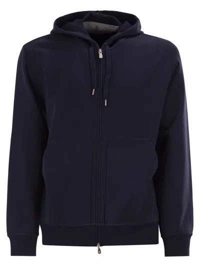 Brunello Cucinelli Men Cotton Fleece Topwear With Zip And Hood In Blue