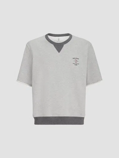 Brunello Cucinelli Cotton French Terry Short Sleeve Sweatshirt With Embroidery In Gray