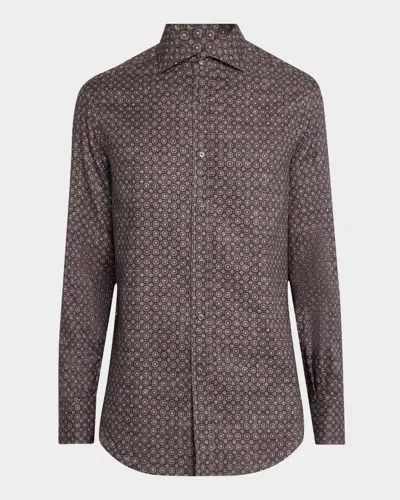 Brunello Cucinelli Men's Cotton Geometric Casual Button-down Shirt In Brown