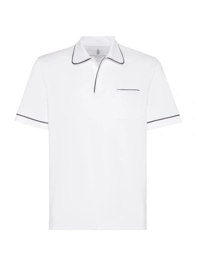 Brunello Cucinelli Men's Cotton Jersey Club Collar Polo With Piping In White
