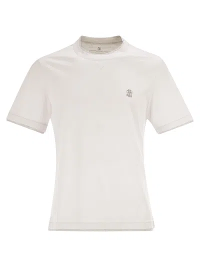 Brunello Cucinelli Men Cotton Jersey Crew Neck T-shirt With Logo And Faux Layering In Neutral