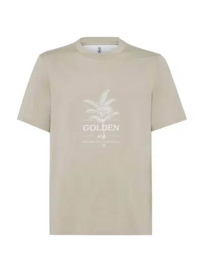 Brunello Cucinelli Men's Cotton Jersey Crew Neck T-shirt With Print In Beige