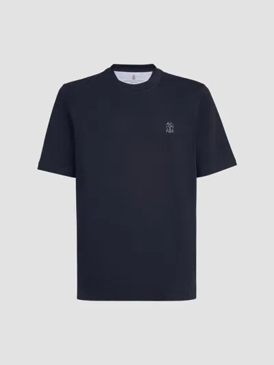 Brunello Cucinelli Cotton Crew-neck T-shirt With Contrast Logo In Blue