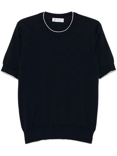 Brunello Cucinelli Men Cotton Lightweight Knit T-shirt With Contrast Details In Multicolor