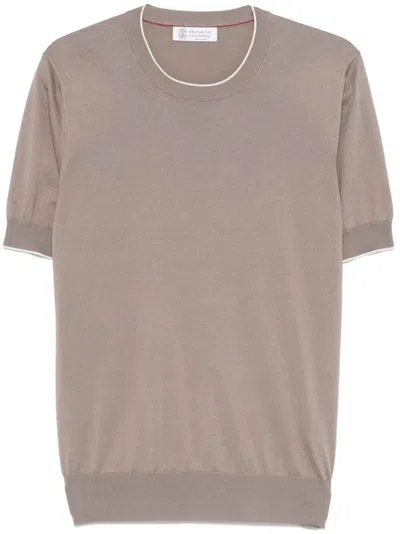 Brunello Cucinelli Men Cotton Lightweight Knit T-shirt With Contrast Details In Beige
