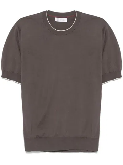 Brunello Cucinelli Men Cotton Lightweight Knit T-shirt With Contrast Details In Multicolor